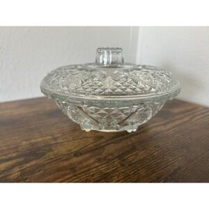 Vintage KIG Malaria Crystal Clear Depression Glass‎ Candy Trinket Dish W/Lid